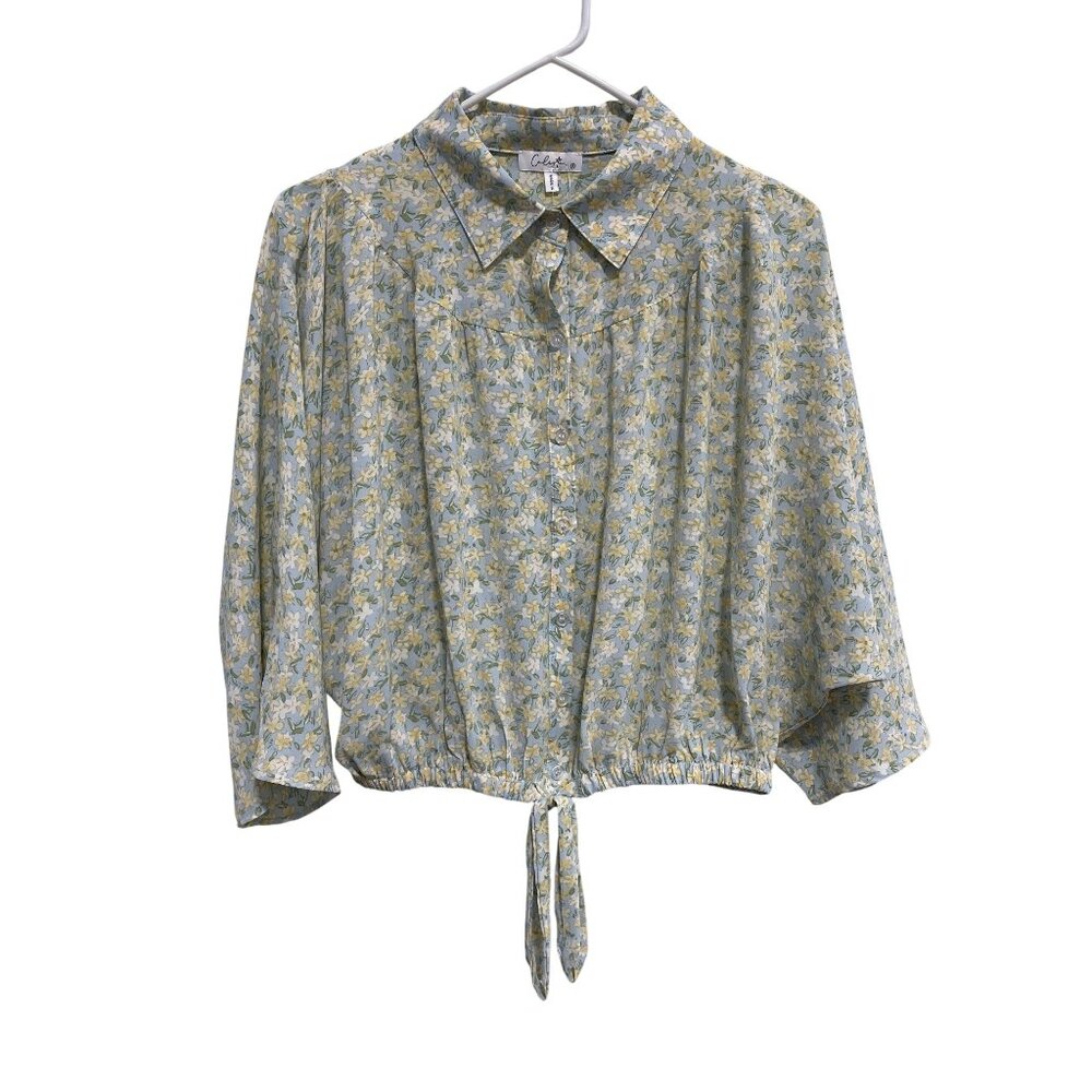 Calista Margo Blouse Size Small Floral Crop Button Up Tie Front Blue Yellow NEW